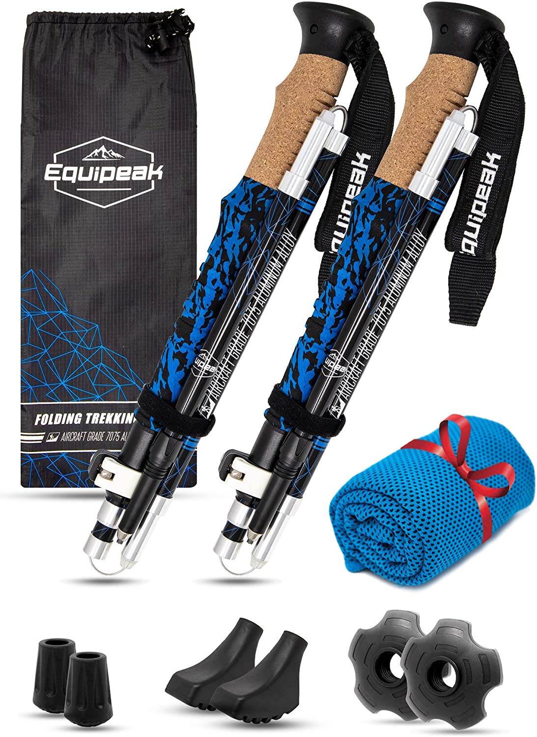 Equipeak Collapsible Folding Hiking & Trekking Sticks - 2 Aluminum Walking Poles with Real Cork & EVA Handle Grip Set - Ultra Strong Locking - for Men & Women